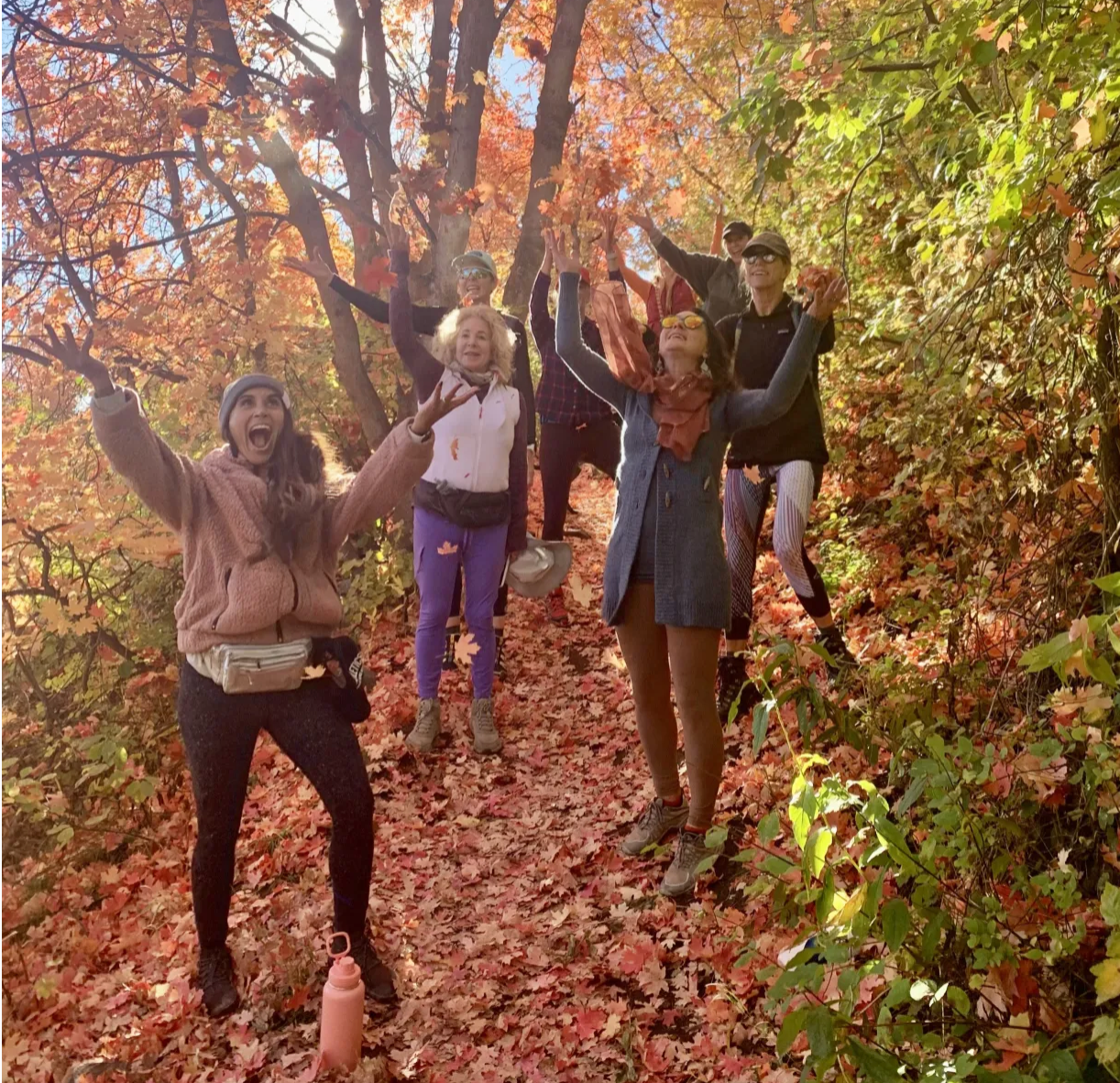 A group enjoying an autumn trail walk beneath colourful leaves
